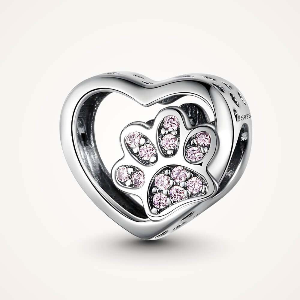 Sterling silver heart charm with pink crystal paw print center – ORÉYA
