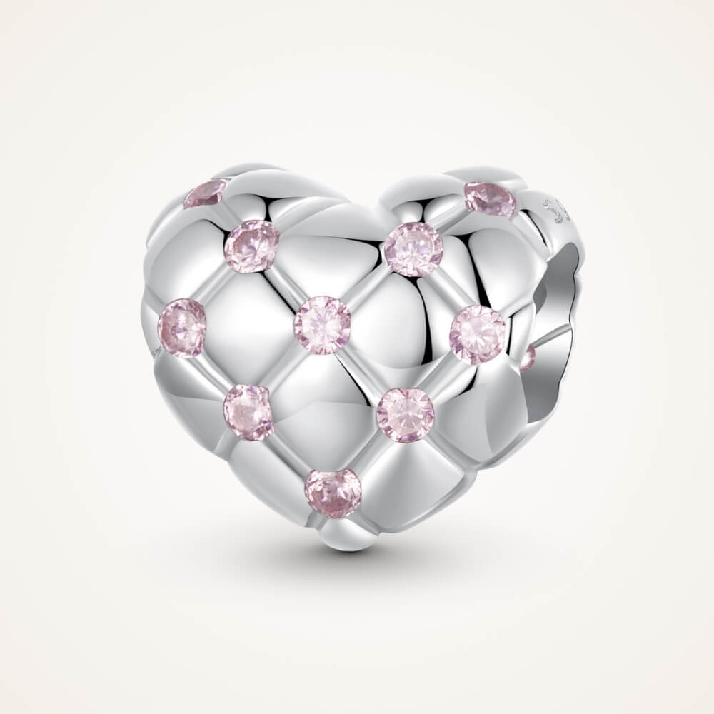 Sterling silver heart charm with pink crystals and quilted padded design - ORÉYA