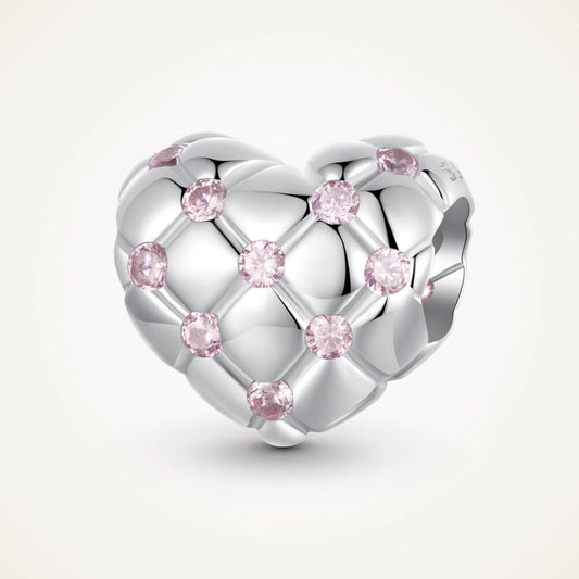 Sterling silver heart charm with pink crystals and quilted padded design - ORÉYA