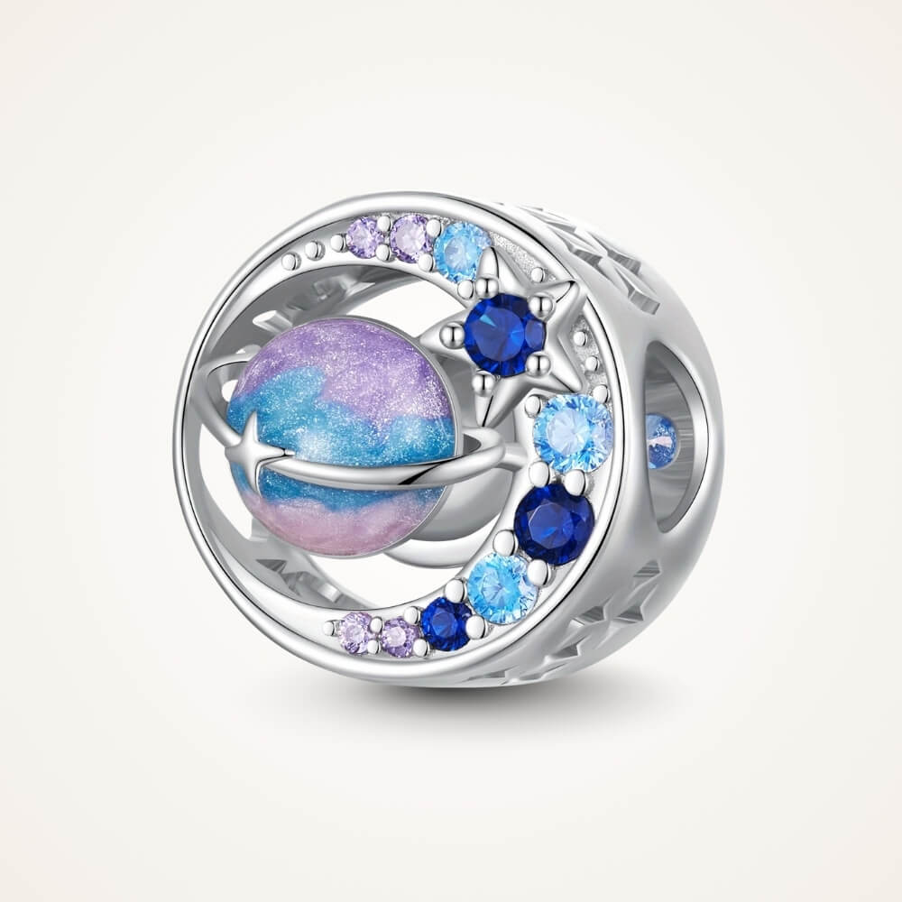 Sterling silver planet charm with blue purple crystals and sparkling star details - ORÉYA