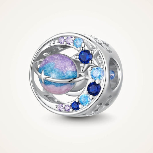 Sterling silver planet charm with blue purple crystals and sparkling star details - ORÉYA