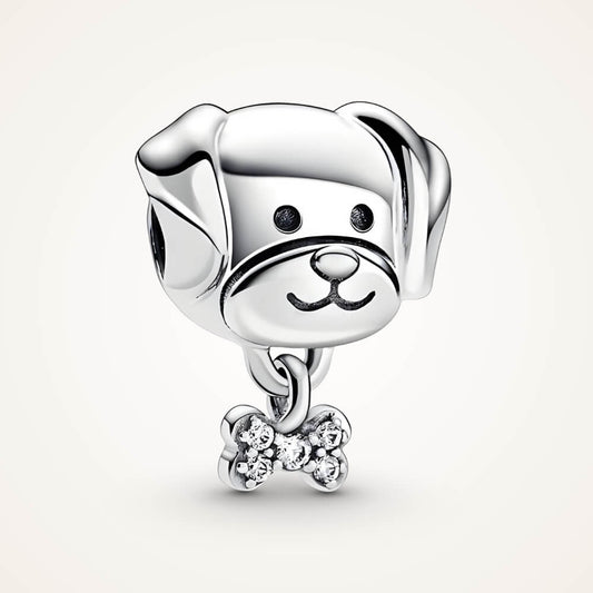 Sterling silver puppy head charm with dangling crystal bone – ORÉYA