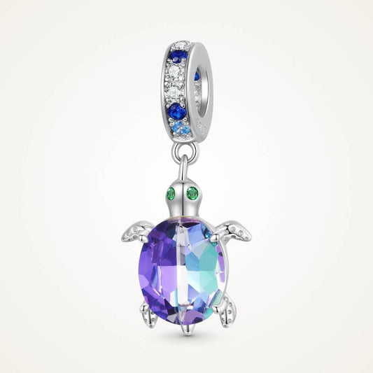 Sterling silver sea turtle charm with purple blue crystal shell and green eyes - ORÉYA