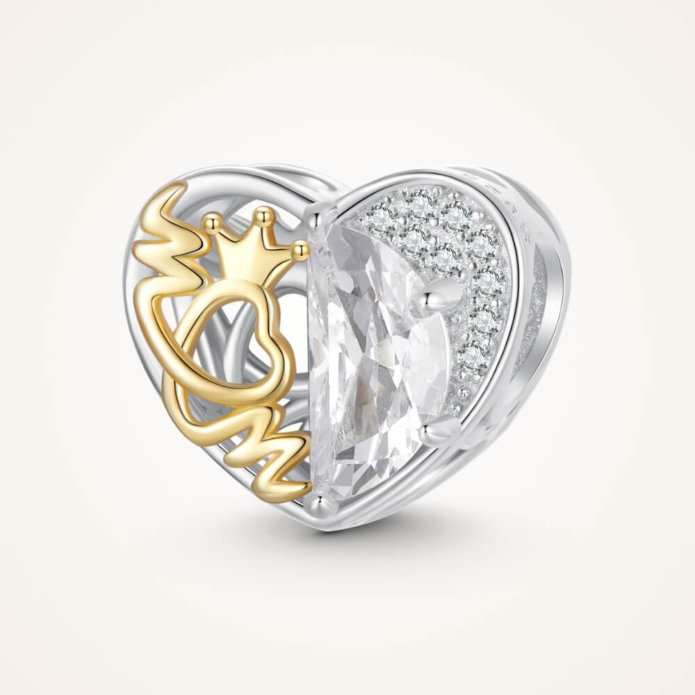 Sterling silver heart charm with golden crown detail and clear crystal - ORÉYA
