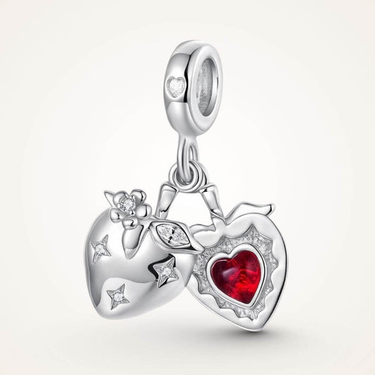 Sterling silver heart charm with red crystal center, floral details, stars, and a romantic double-heart design - ORÉYA