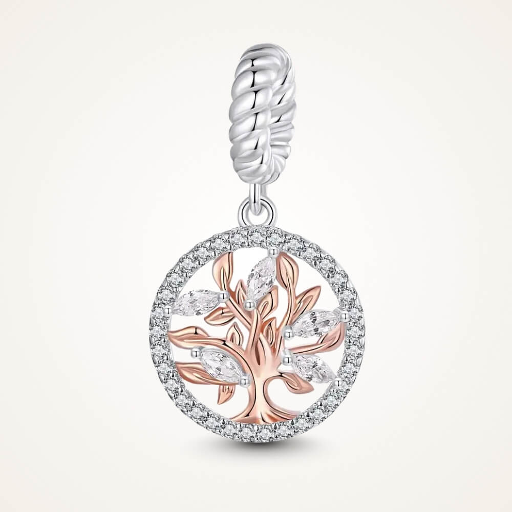 Sterling silver tree charm with rose gold branches, clear gemstones, and circular frame - ORÉYA