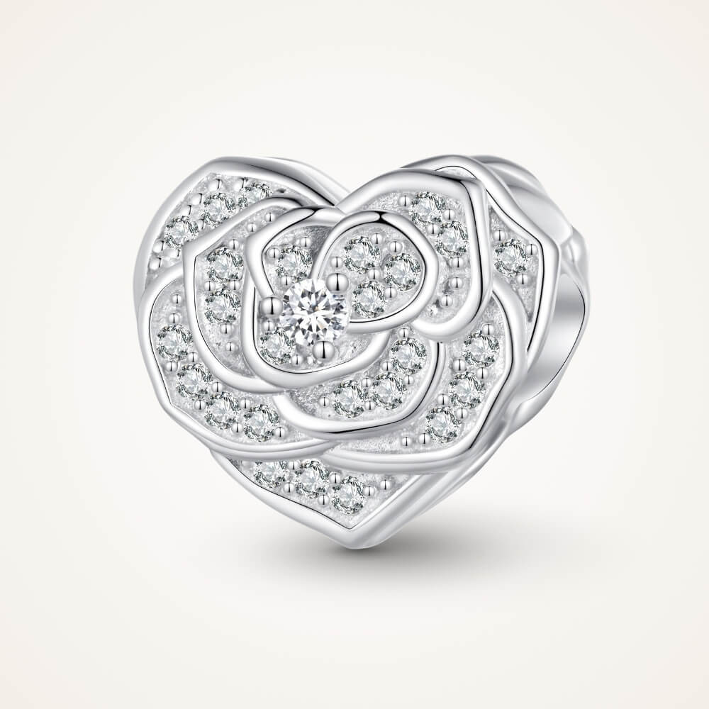 Sterling silver rose heart charm with sparkling crystal pavé details - ORÉYA