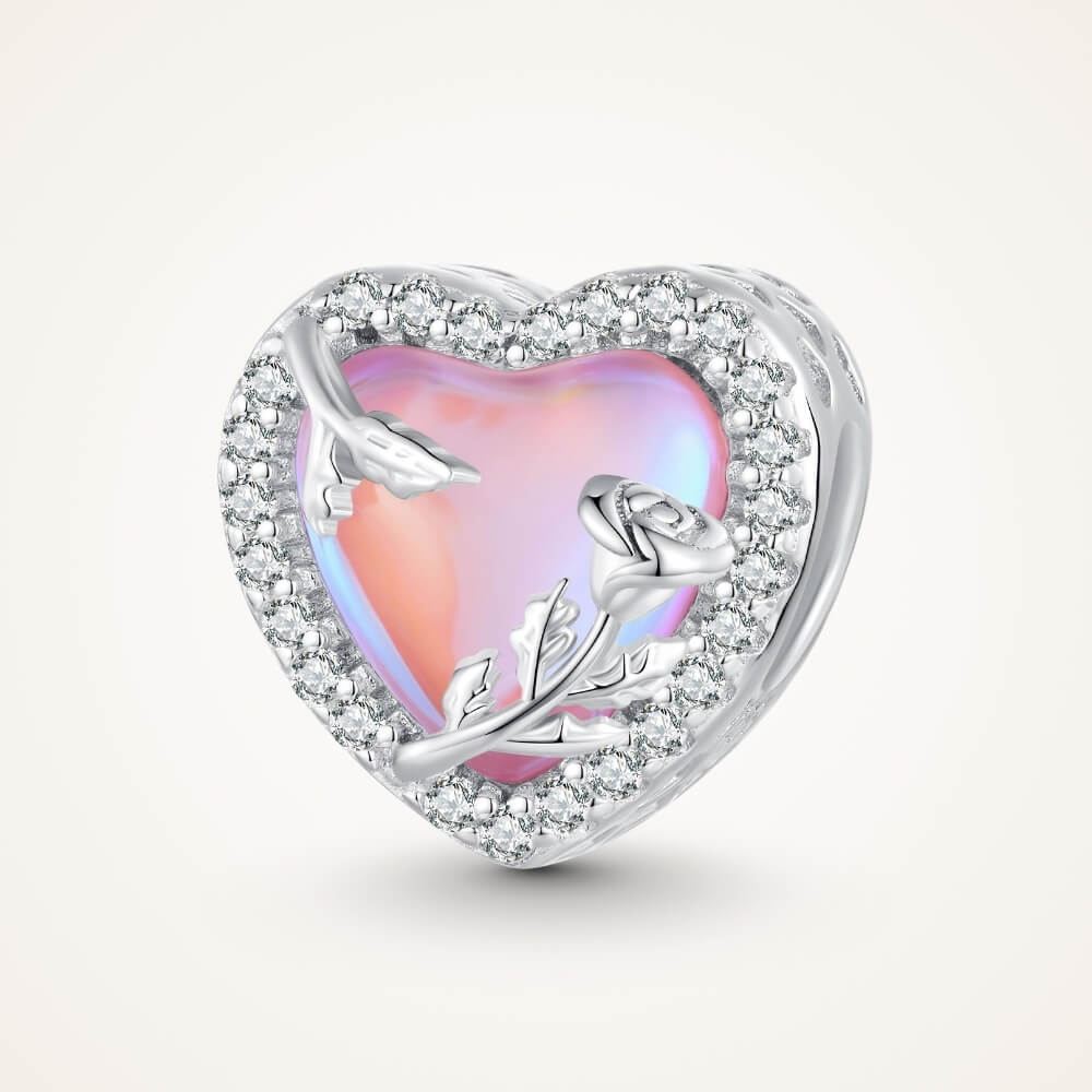 Sterling silver rose heart charm with pink opal center and crystal border - ORÉYA