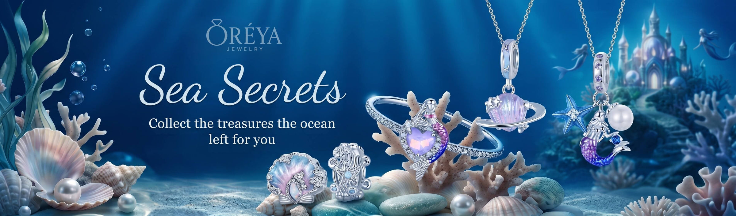 Ocean-inspired Sea Secrets silver charm collection with shells, pearls, and underwater castle.