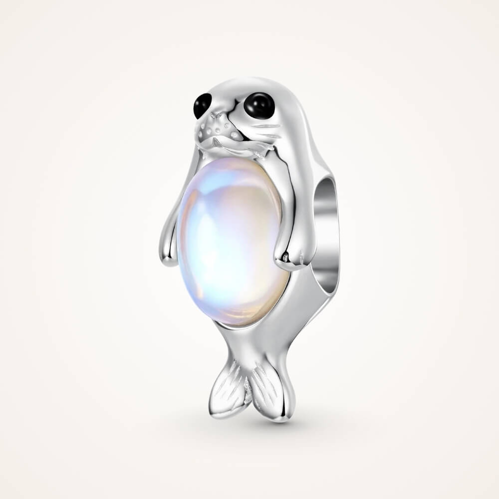 Sterling silver seal charm with iridescent opal belly and black enamel eyes - ORÉYA