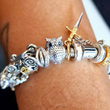 Sterling silver owl charm with textured feather design, blue eyes, and clear gemstones.