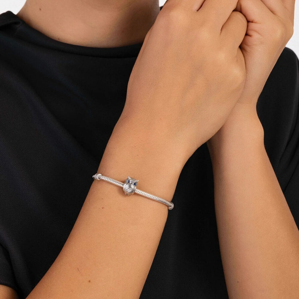 Sterling silver owl charm with textured feather design, blue eyes, and clear gemstones.