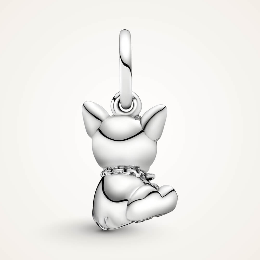 Sterling silver sitting French bulldog charm with heart tag detail