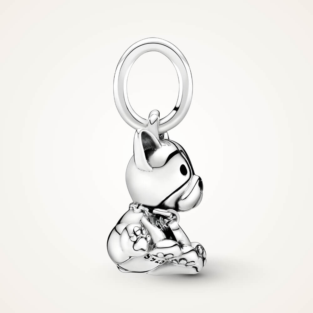 Sterling silver sitting French bulldog charm with heart tag detail