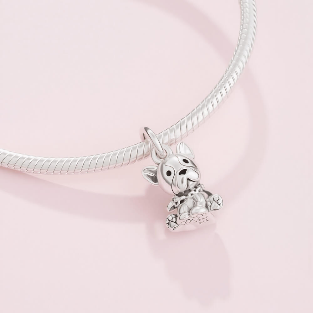 Sterling silver sitting French bulldog charm with heart tag detail