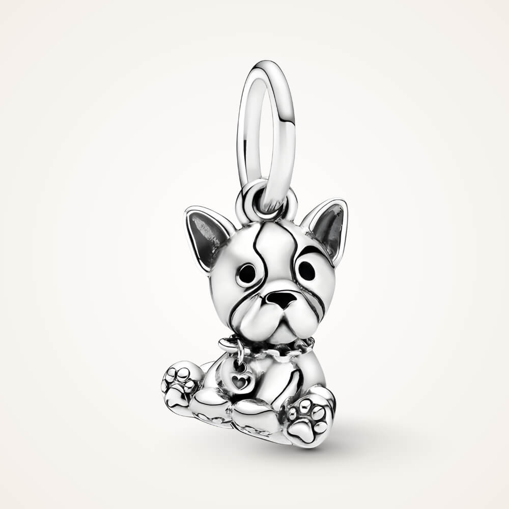 Sterling silver sitting French bulldog charm with heart tag detail – ORÉYA