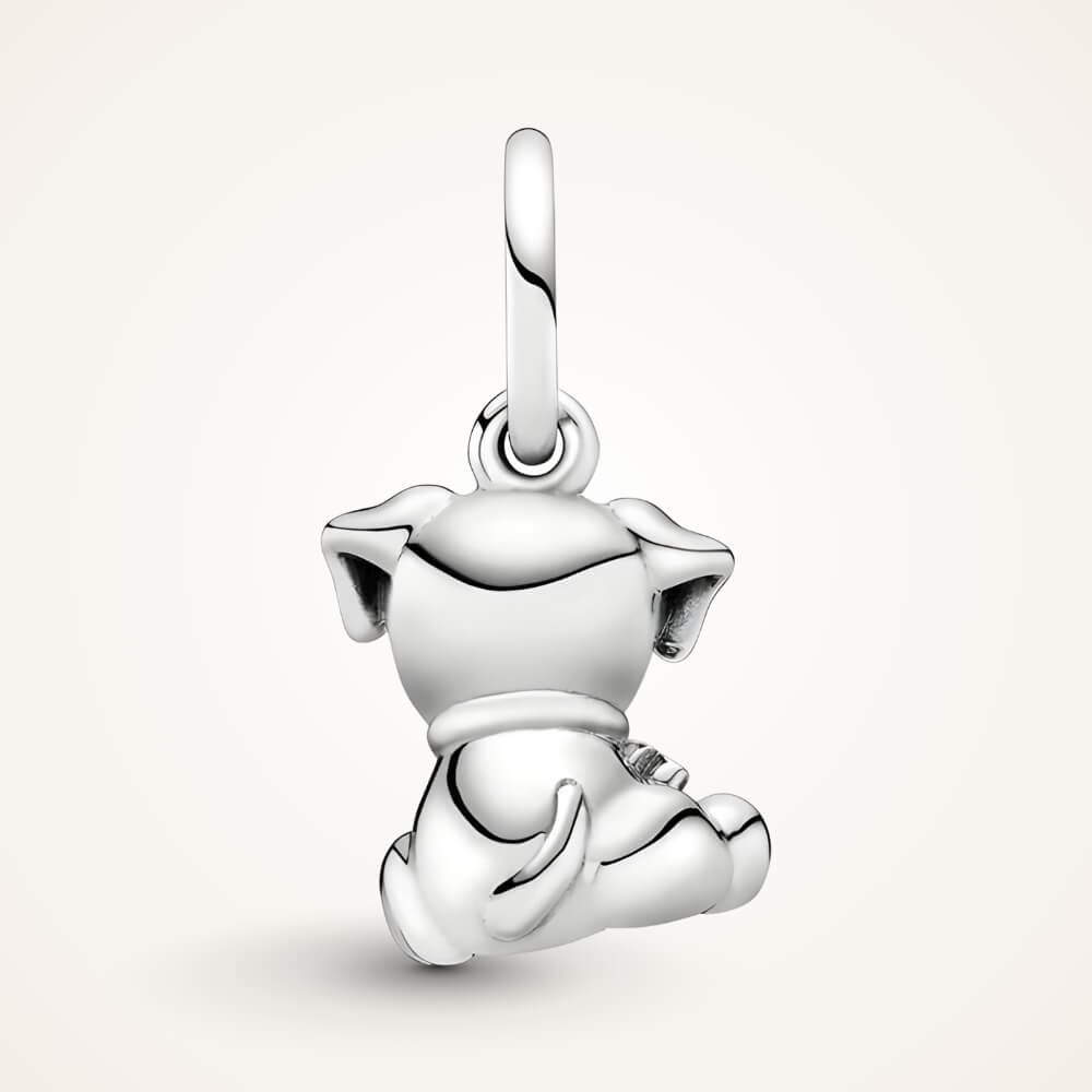 Sterling silver sitting puppy charm with dangling bone detail 