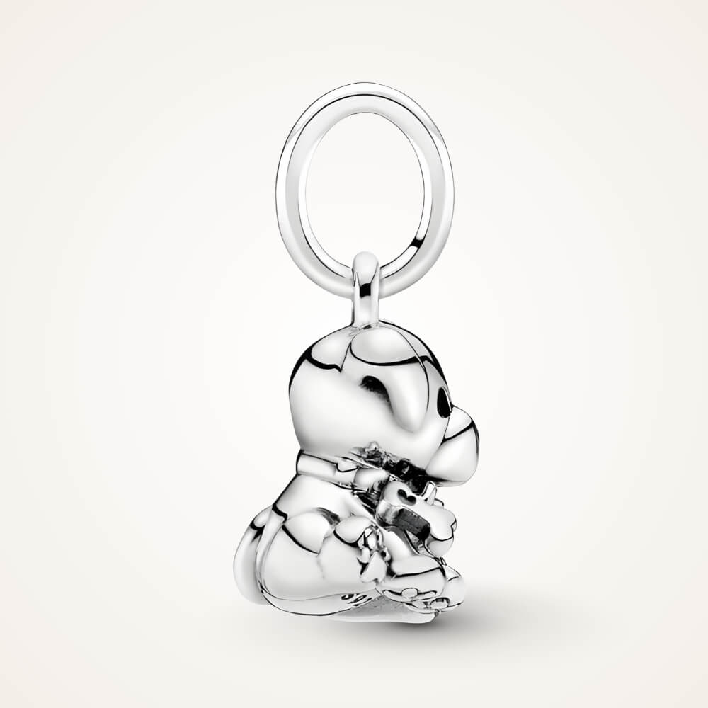 Sterling silver sitting puppy charm with dangling bone detail