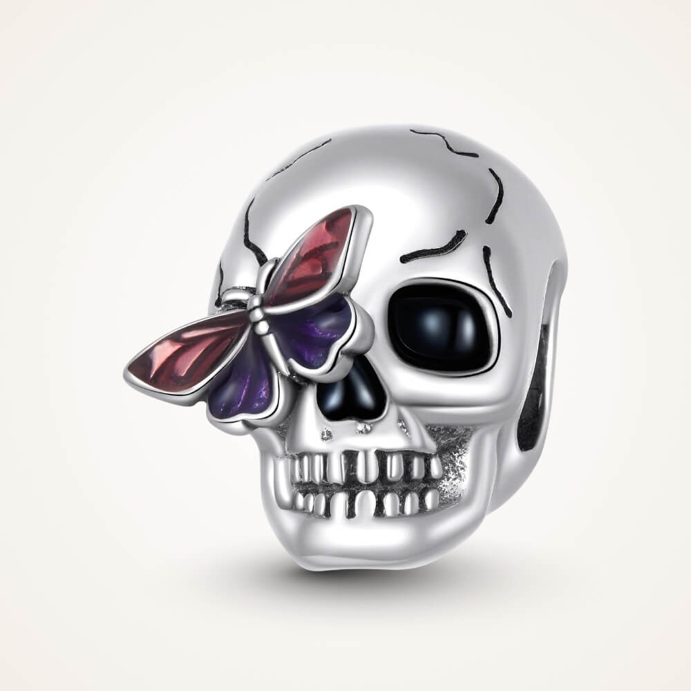 Sterling silver skull charm with purple butterfly and black enamel details - ORÉYA