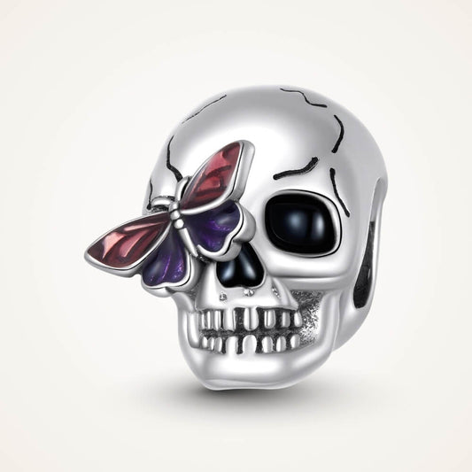 Sterling silver skull charm with purple butterfly and black enamel details - ORÉYA