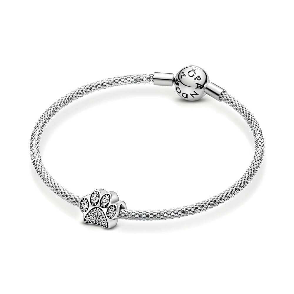 Sterling silver paw-print charm with sparkling clear zircon stones 