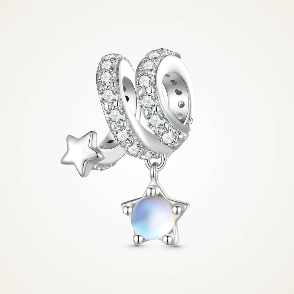 Sterling silver swirl charm with star details and iridescent dangling crystal - ORÉYA