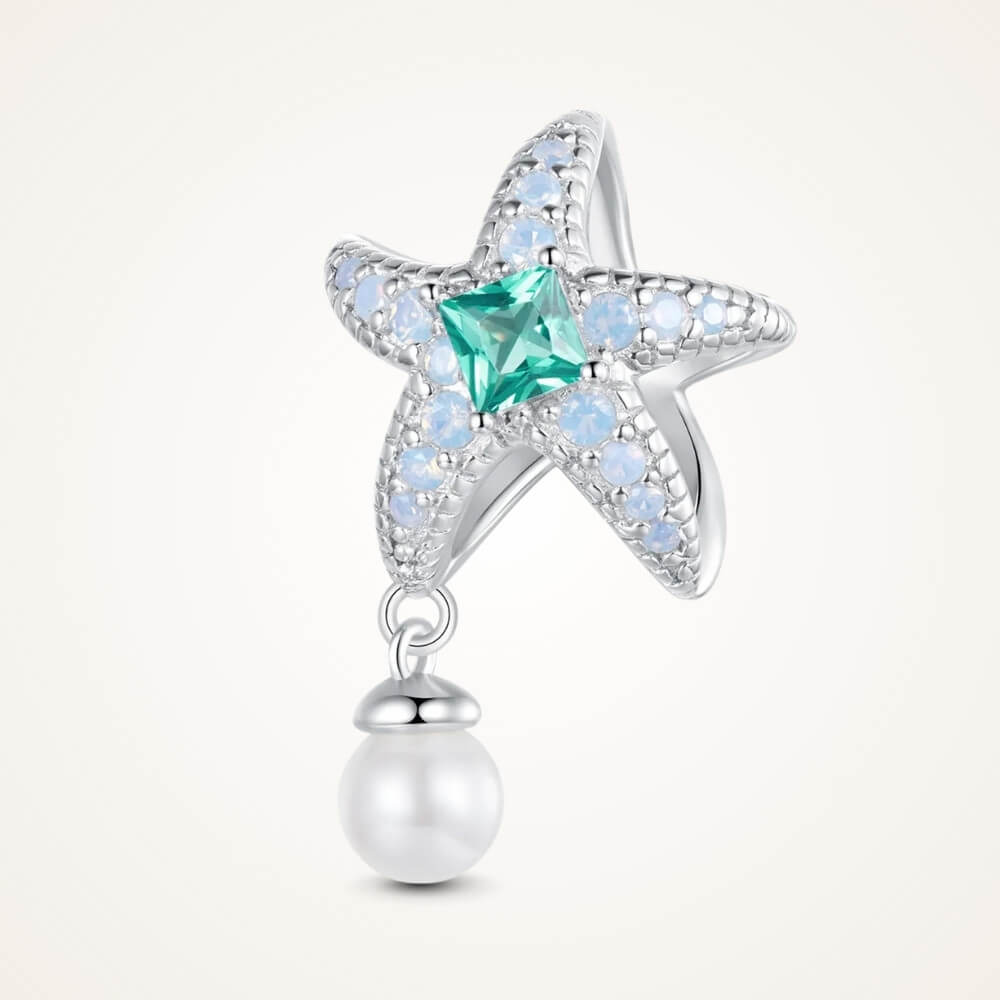 Sterling silver starfish charm with green crystal, opal stones, and pearl - ORÉYA