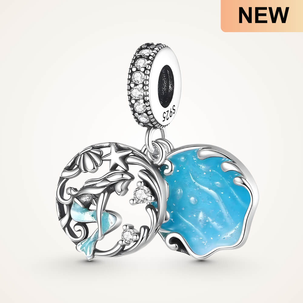 Sterling silver double dangle mermaid charm with blue enamel wave disc and gemstones - ORÉYA