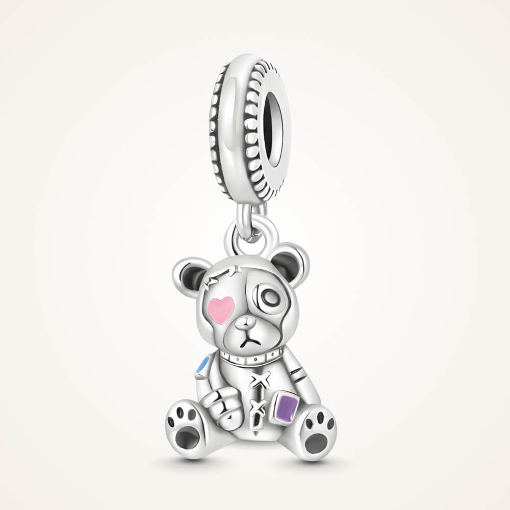 Sterling silver teddy bear charm with stitched details and enamel accents - ORÉYA