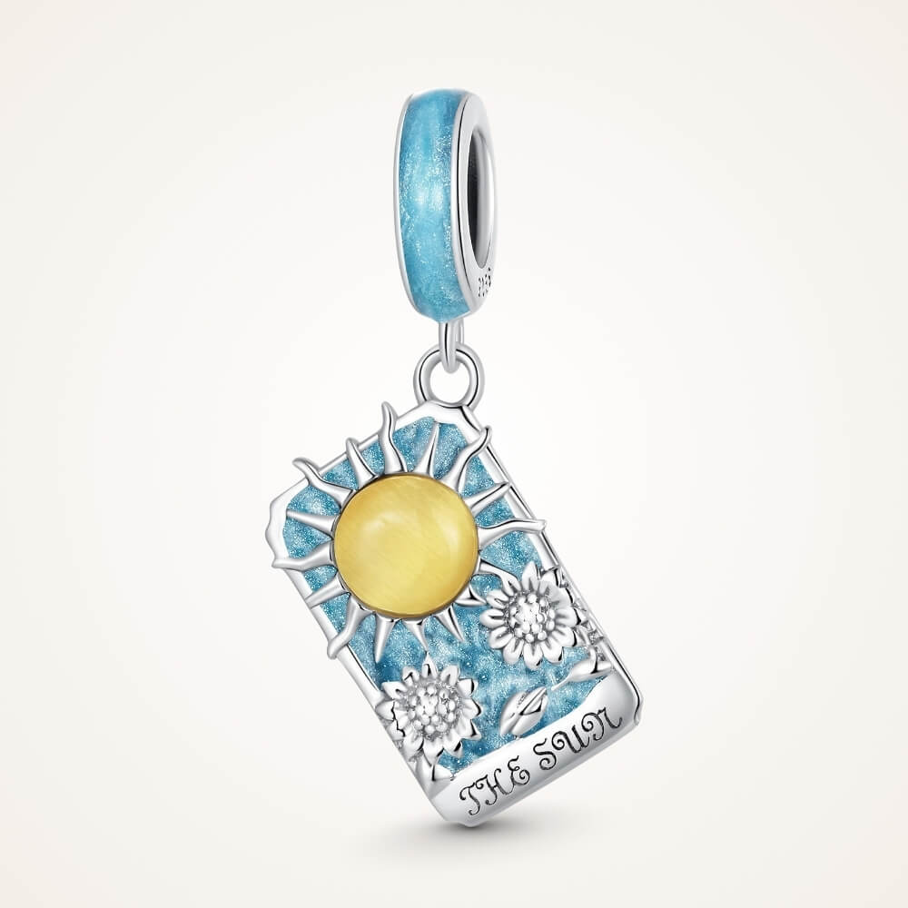 Sterling silver sun tarot charm with blue enamel and sunflower details - ORÉYA
