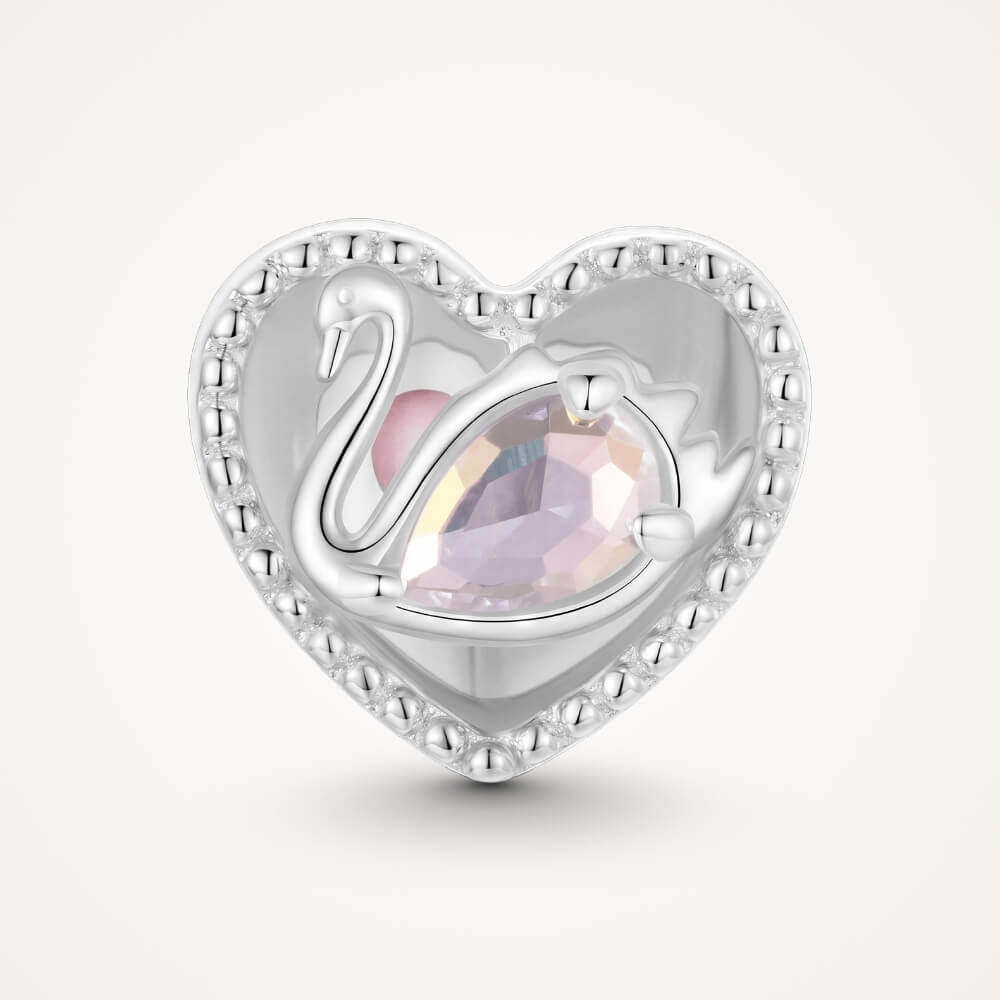 Sterling silver swan heart charm with pink crystal and pavé border - ORÉYA