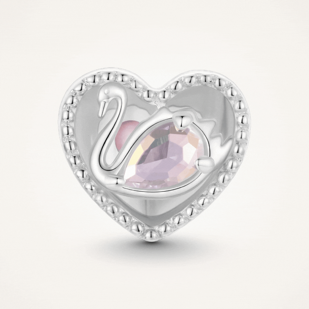 Sterling silver swan heart charm with pink crystal and pavé border - ORÉYA