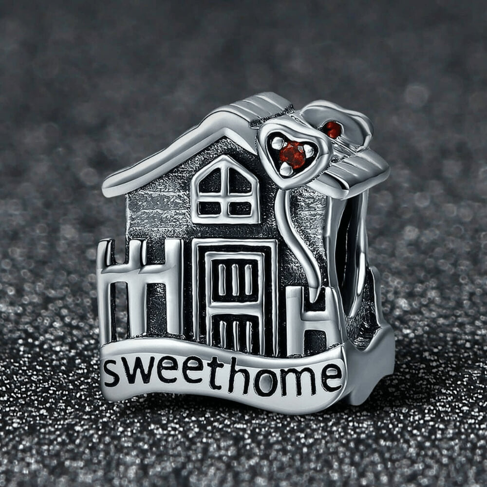 Sterling silver house charm with ‘sweet home’ engraving and red crystal hearts 