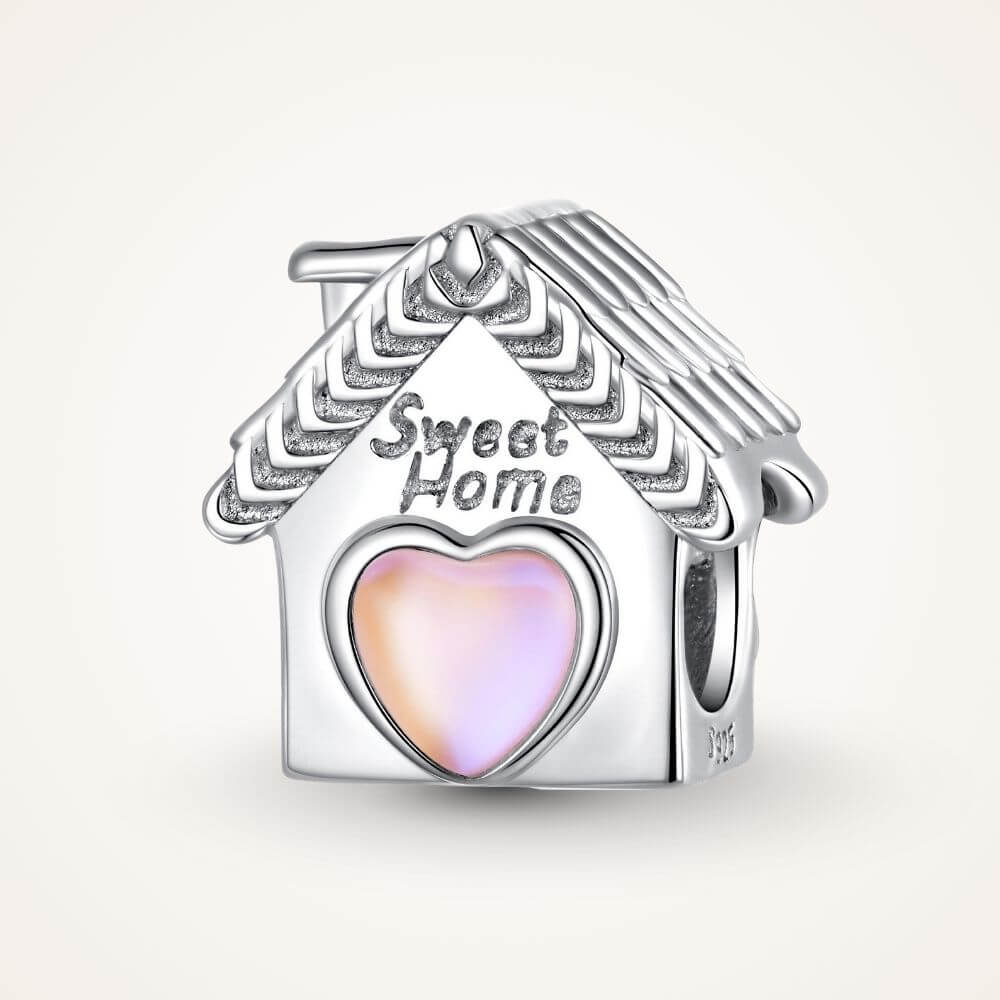 Sterling silver house charm with pink heart window, Sweet Home engraving, and detailed roof accents - ORÉYA