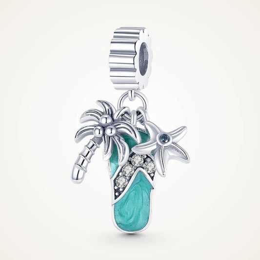 Sterling silver flip-flop charm with teal enamel, palm tree, starfish, and gemstones - ORÉYA