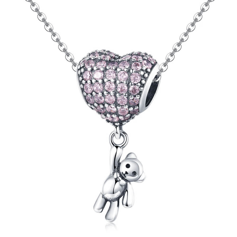 Sterling silver charm with pink crystal heart balloon and dangling teddy bear 