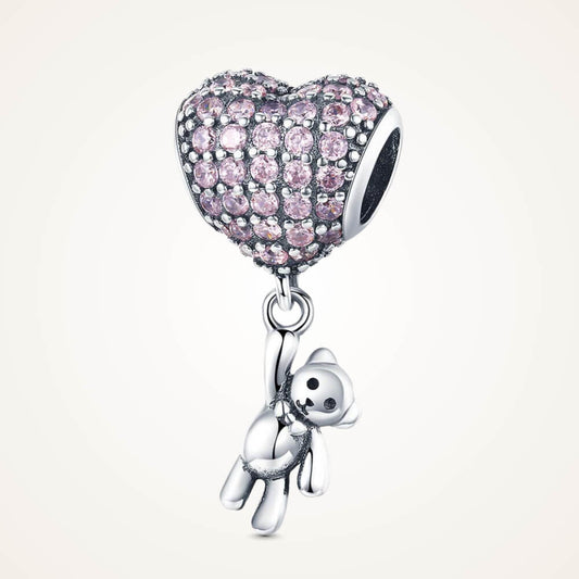 Sterling silver charm with pink crystal heart balloon and dangling teddy bear – ORÉYA