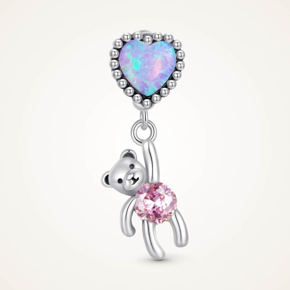 Sterling silver teddy bear charm with opal heart balloon and pink crystal - ORÉYA