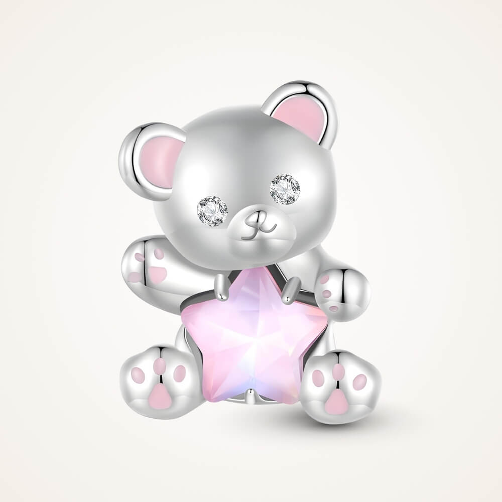 Sterling silver teddy bear charm holding pink star crystal with enamel details - ORÉYA