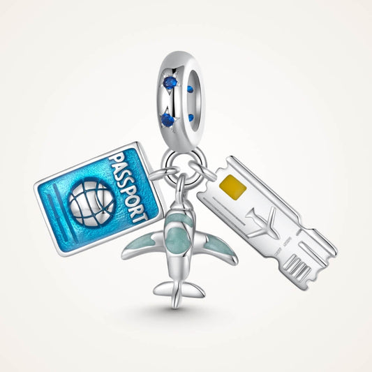 Sterling silver travel charm with passport, airplane, and ticket details - ORÉYA