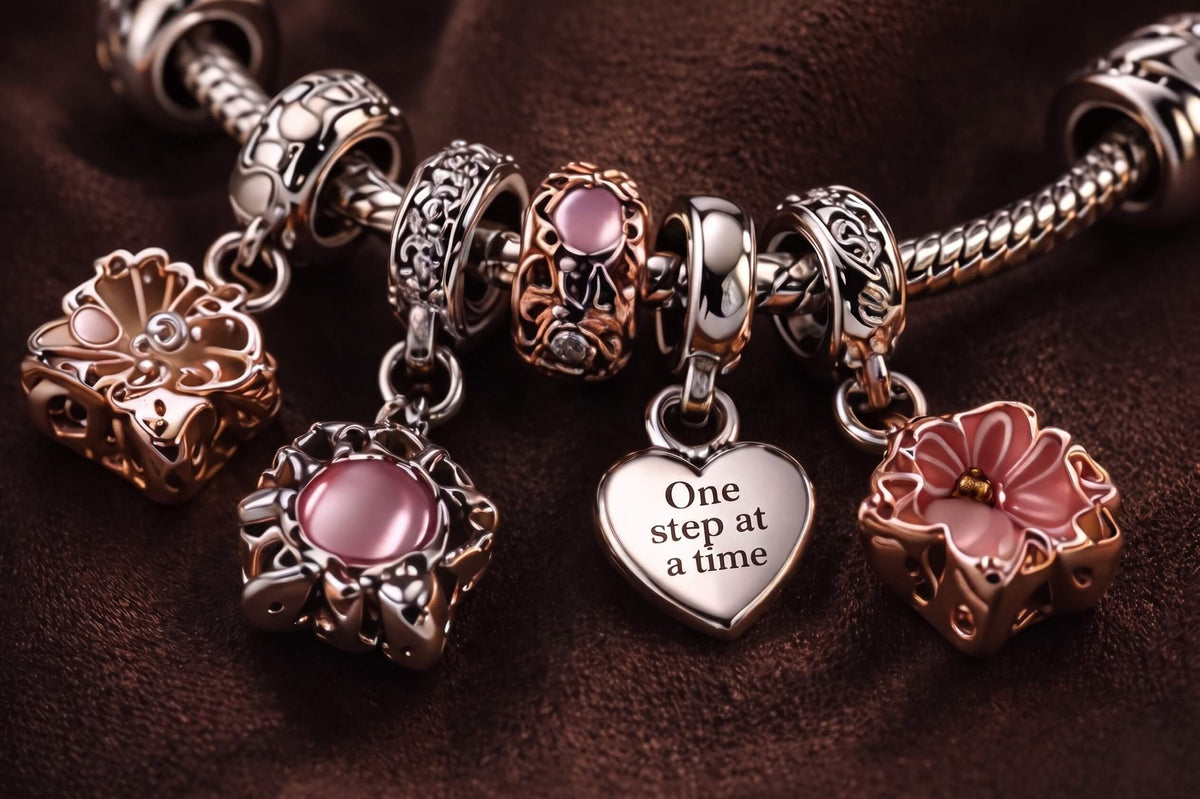 Meaningful charm bracelet with silver and rose gold charms for women