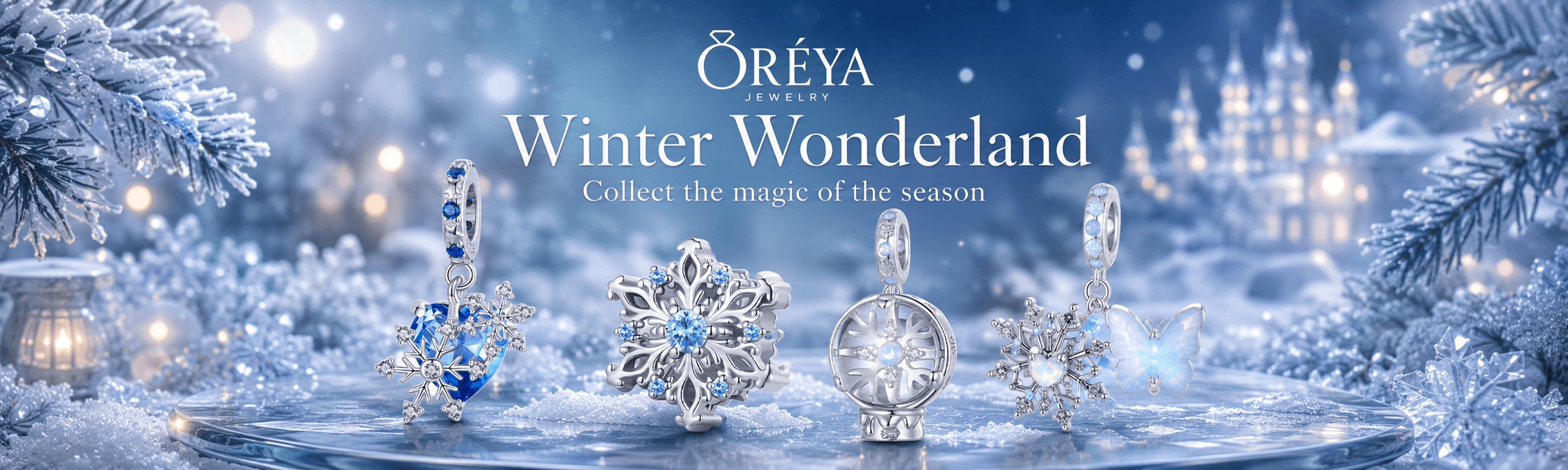 Winter-inspired silver charm collection with snowflakes, blue crystals, and magical butterfly designs.