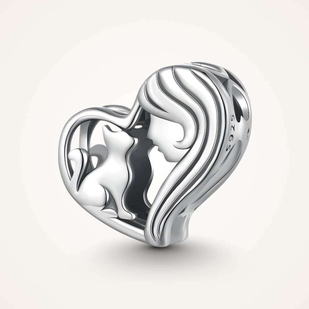 Sterling silver heart charm with woman and cat silhouette - ORÉYA