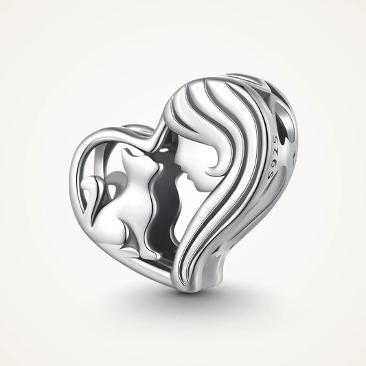 Sterling silver heart charm with woman and cat silhouette - ORÉYA
