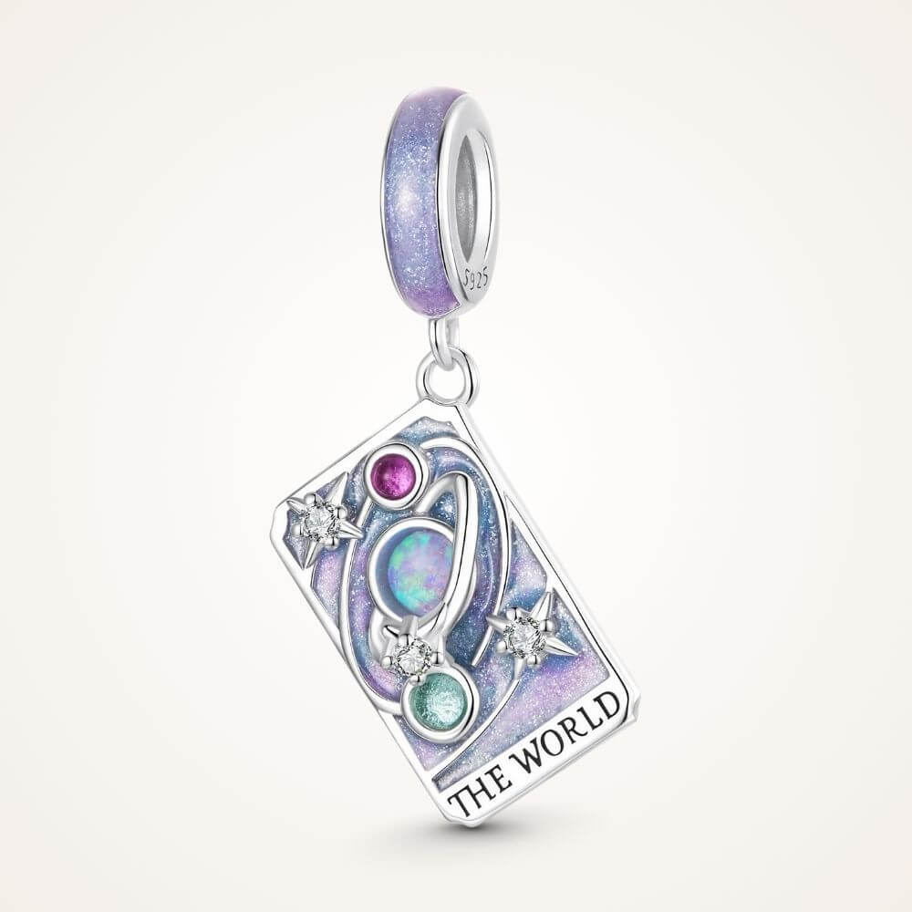 Sterling silver World tarot charm with lavender enamel, opal planet, stars, and colorful crystal details - ORÉYA
