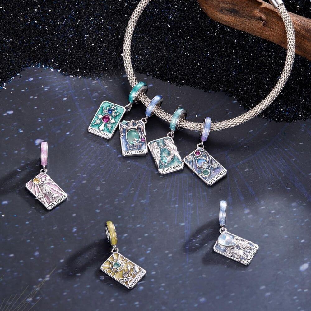 Necklace with tarot card charm pendants on a starry night background
