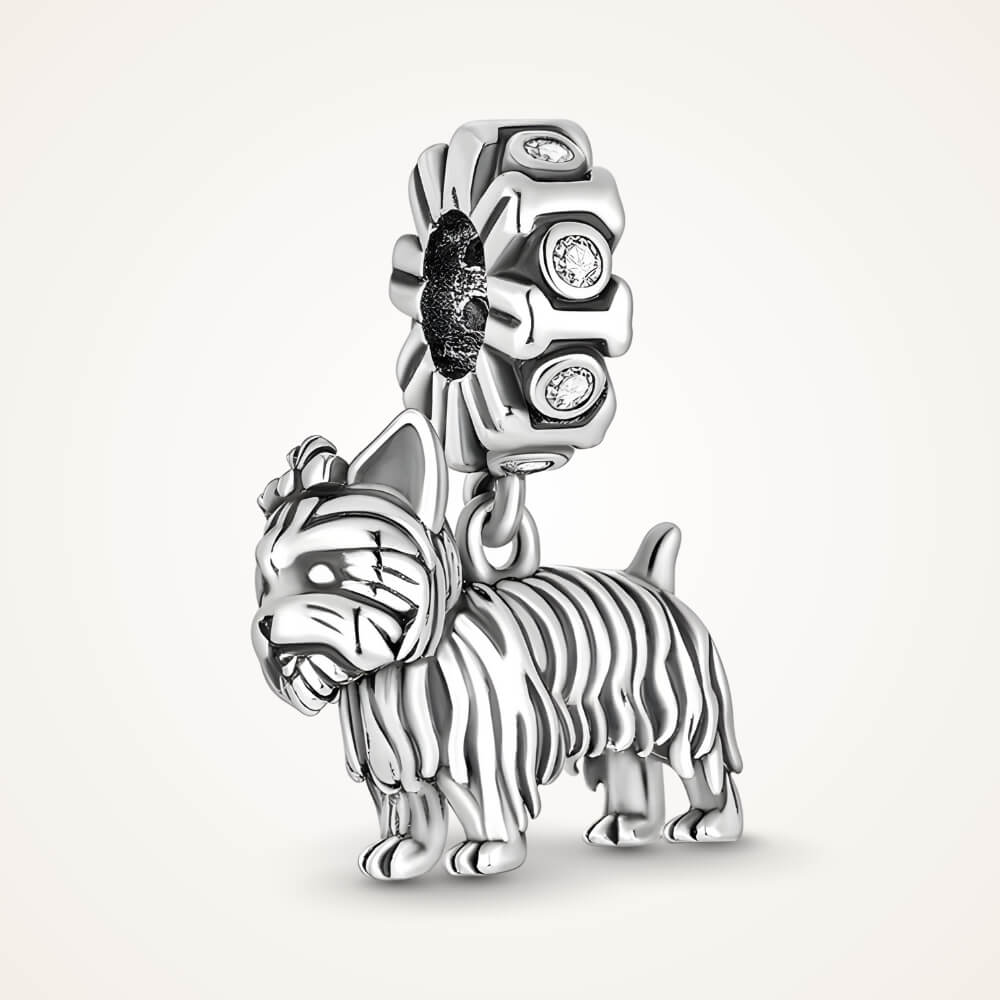 Sterling silver Yorkie dog charm with textured fur and crystal-studded bail – ORÉYA